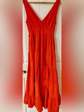 Universal Thread Sleeveless V-Neck Tiered Maxi Dress in Bright Coral